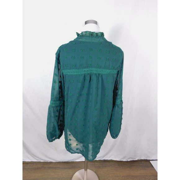 Swiss Dot Blouse Womens Medium Green Sheer Chiffon Ruffle Neck Boho Lace Trim - Picture 6 of 10
